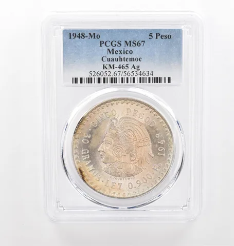1948 Mo Mexico 5 Pesos Silver Cuauhtemoc KM-465 MS67 PCGS Beautiful Tone *2115