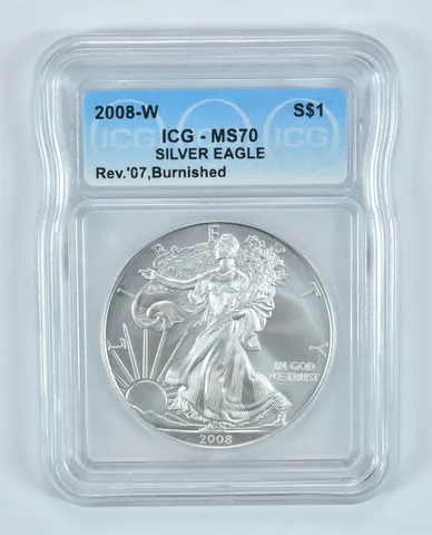 2008-W Reverse Of 2007 Burnished Silver Eagle MS70 ICG