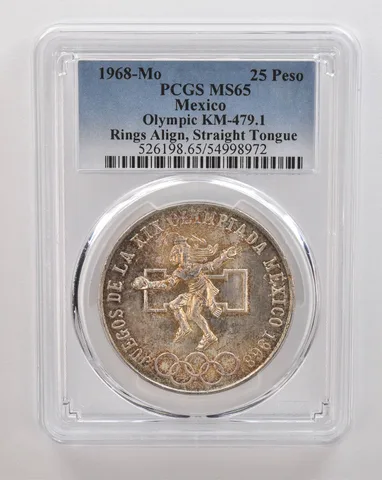1968 Mo Mexico 25 Pesos Silver Olympic Rings Align MS65 PCGS Nice Tone *4338
