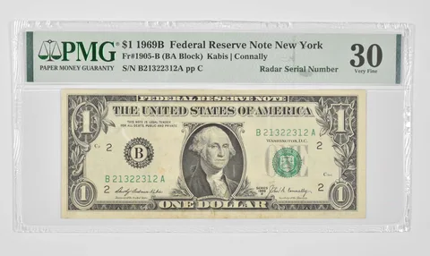 $1 1969-B New York NY FRN PMG VF30 Fr#1905B (BA Block) Radar Serial Number *0927