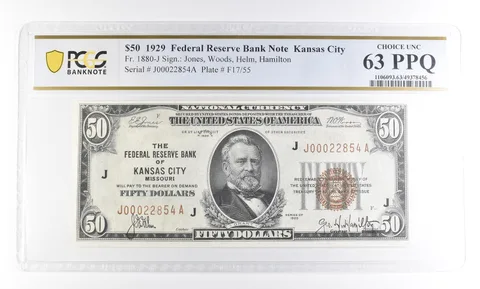 1929 $50 Kansas City MO Fed. Reserve Bank Fr#1880-J Choice Unc 63 PPQ PCGS a2516