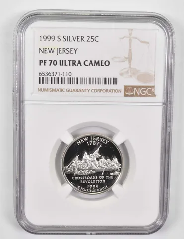 1999-S PF70 UCAM Silver New Jersey Quarter NGC Brown Lbl