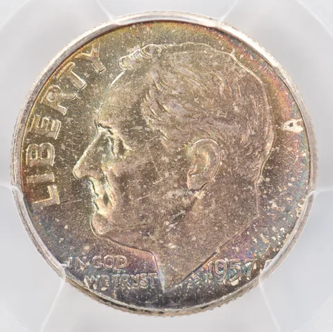 1957 Roosevelt Dime AU58 PCGS Beautiful Tone *0884