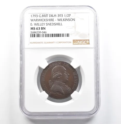 1793 G. Britain Warwickshire Wilkinson Half Penny D&H-393 MS63 BN NGC *6857