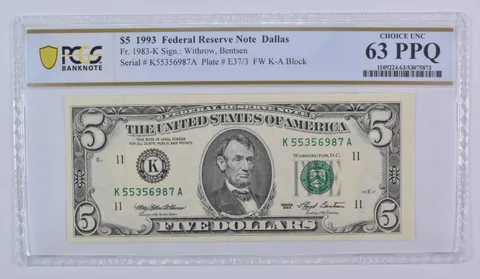 1993 $5 Dallas TX FRN Fr#1983-K Choice Unc 63 PPQ PCGS