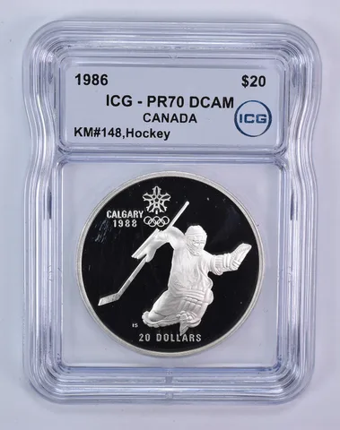 1986 Canada 20 Dollars Calgary Olympics Hockey PR70 DCAM ICG