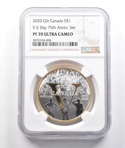 2020 Canada Silver Dollar Gilt VE Day 75th Anniversary Set PF70 UCAM NGC a3825