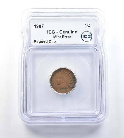 1907 Indian Head Cent Mint Error Ragged Clip Genuine ICG *0658
