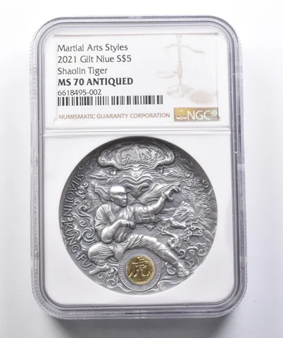 MS70 Antiqued 2021 Gilt Niue Silver 5 Dollars Shaolin Tiger NGC *4247