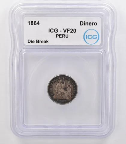 1864 Peru Dinero Die Break VF20 ICG Beautiful Tone a0706