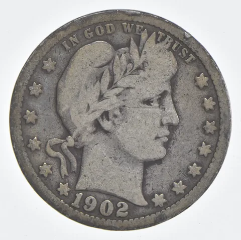 1902 (P) Barber Quarter 90% Silver VG Condition