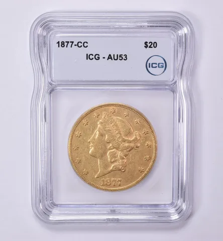 1877-CC $20 Liberty Head Gold Double Eagle AU53 ICG *0498
