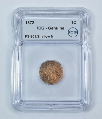Error 1872 Indian Head Cent FS-901 Shallow N Genuine ICG *9256