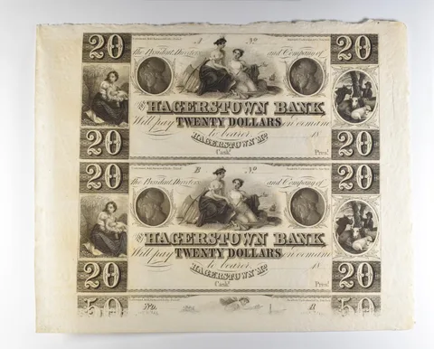 Lot (2) 1800s $20 Hagerstown MD Bank Obsolete Note Uncut *8702