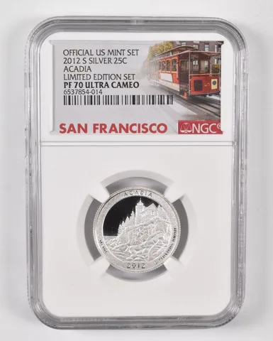 2012-S Silver PF70 UCam Acadia Quarter NGC Limited Edition SF Lbl