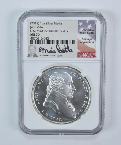 (2018) 1 Oz Silver Presidential Medal John Adams Mike Castle MS70 NGC *5720