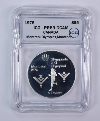 1975 Canada 5 Dollars Silver Montreal Olympics Marathon PR69 DCAM ICG