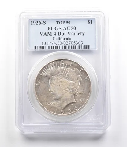 1926-S Peace Silver Dollar VAM 4 Dot Variety California Top 50 AU50 PCGS *2617