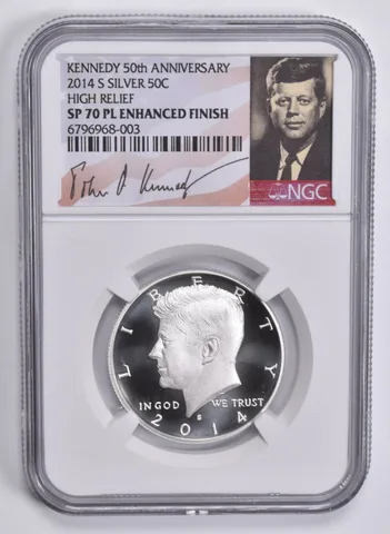 2014-S Kennedy Half Dollar SILVER SP70 PL HR Enhanced Finish NGC Sig Lbl