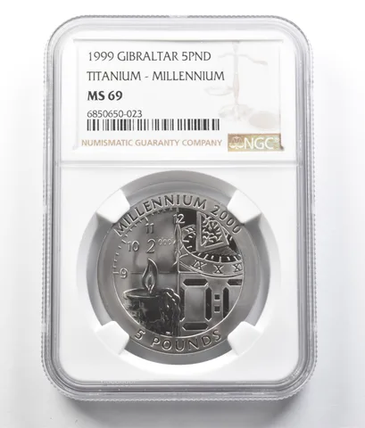 1999 Gibraltar 5 Pound Titanium Millennium MS69 NGC a7053