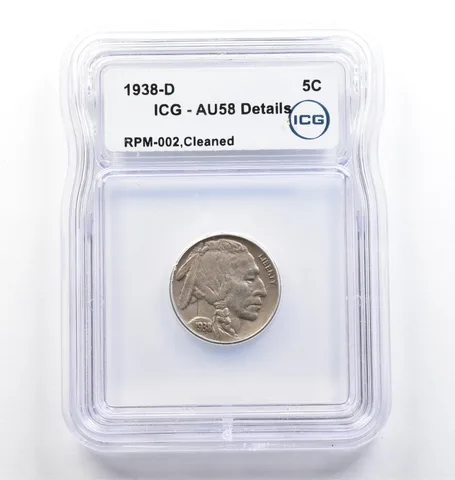 1938-D Indian Head Buffalo Nickel RPM-002 Cleaned AU58 Details ICG *9839