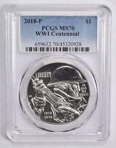 2018-P WWI Commemorative Dollar $1 MS70 PCGS Blue Lbl