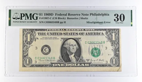 1969 D $1 Philadelphia PA FRN Misalign Error Fr#1907-C VF 30 PMG *9507