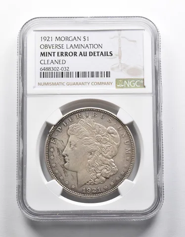 Mint Error AU Details 1921 Morgan Silver Dollar OBV Lamination NGC *1960