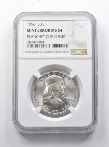 MINT ERROR MS64 1956 Franklin Half Dollar Planchet Clip @ 9:30 NGC *7875