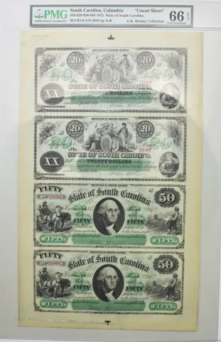 1872 $20-$20-$50-$50 Columbia SC Uncut Sheet Gem Unc 66 EPQ PMG *8565
