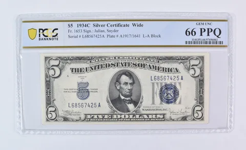 1934 C $5 Silver Certificate Wide Fr#1653 Gem Unc 66 PPQ PCGS