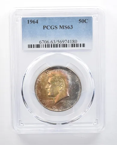 1964 Kennedy Half Dollar MS63 PCGS Yellow/Blue Tone *7695