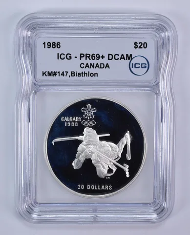 1986 Canada 20 Dollars Silver Calgary Olympics Biathlon PR69+ DCAM ICG