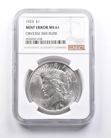 MS61 1923 Peace Silver Dollar Error OBV Rim Burr NGC *6661