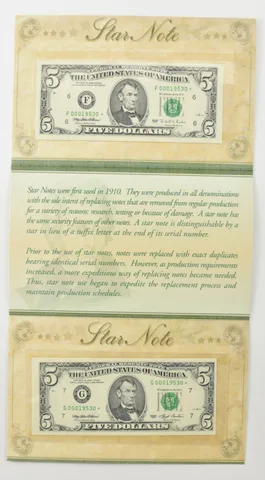 Lot (2) 1993/1995 $5 Chicago IL/Atlanta GA FRN Star Notes *7945