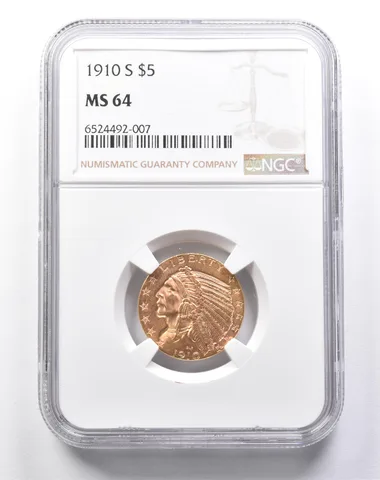 MS64 1910-S $5 Indian Head Gold Half Eagle NGC a6057