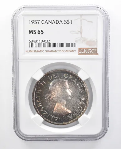 1957 Canada 1 Dollar Silver MS65 NGC Beautiful Blue Tone a7664