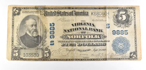1902 $5 Norfolk, VA National Currency Note Large Note 9885 *6022