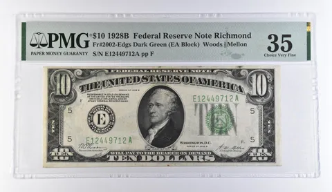 1928 B $10 Richmond VA FRN Fr#2002-Edgs Dark Green Choice VF 35 PMG *9385