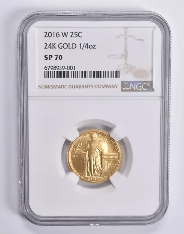 2016-W Gold Standing Liberty Quarter SP70 NGC Brown Lbl 1/4 Oz 24K