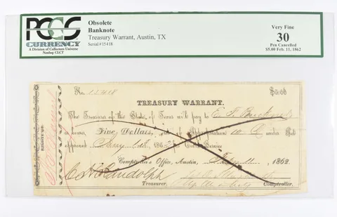 1862 $5 Obsolete Bank Note Treasury Warrant Austin, TX. PCGS 30 Very Fine a8085