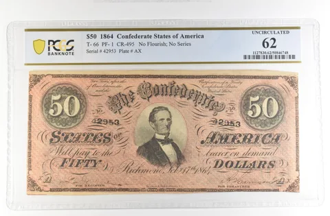 1864 $50 Confederate States Large Note T-66 PF-1 CR-495 Unc 62 PCGS *4212
