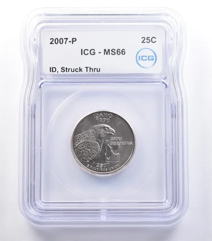 2007-P Washington State Quarter Idaho Mint Error Struck Thru MS66 ICG *9595