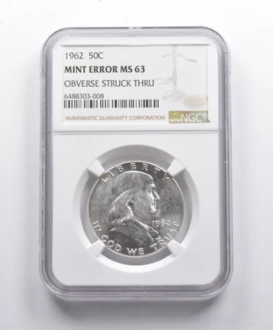 Mint Error MS63 1962 Franklin Half Dollar OBV Stuck Thru NGC *8791