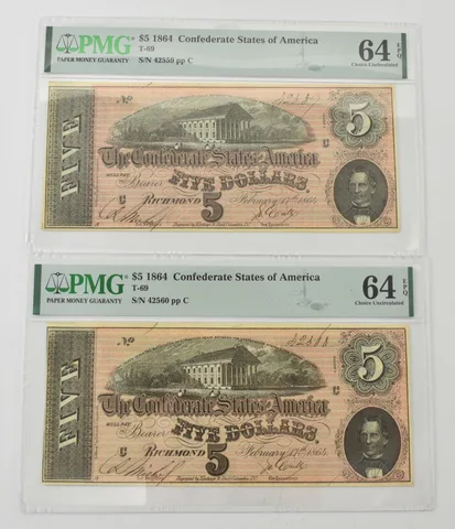 Lot (2) 1864 $5 Confederate States T-69 Choice Unc 64 EPQ PMG Consecutive *9252