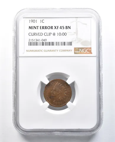 1901 Indian Head Cent Mint Error Curved Clip @ 10:00 XF45 BN NGC *8267