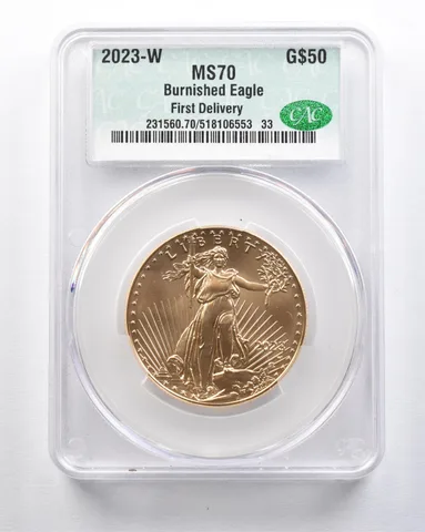 2023-W $50 Burnished Gold Eagle First Delivery 1 Oz Gold MS70 CAC CACg *2121