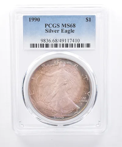 1990 American Silver Eagle MS68 PCGS Purple Tone *8444