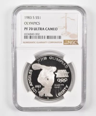 1983-S Olympic Discus Commemorative Dollar PF70 UCAM NGC Brown Label