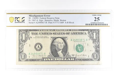 1969 D $1 Boston MA FRN Misalignment Error Fr#1907-A Very Fine 25 PCGS *5807